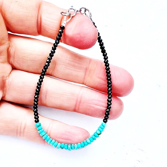 Natural Earth Mined Spinel and Rare Arizona Turquoise Bracelet 14k White Gold - Picture 5 of 6